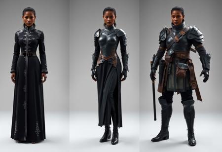 The image represents three variants of women's clothing, presumably uniforms or costumes for a chinese epic fantasy film.
On the left: A formal uniform - a long black-colored dress with silver embroidery and decorative elements.
In the center: An elite uniform - a combination of armor (cuirass, bracers) with an black skirt that opens one leg.
On the right: The armor of an Elite warrior is a combination of a vest, shirt, trousers and high boots, complemented by belts, a bag and gloves.
All three clothing options are shown on the same female figure with the same hairstyle. She is african. There is no interaction between objects, no actions take place. Context is the presentation of various costume options, perhaps for a , movie. Photography studio style