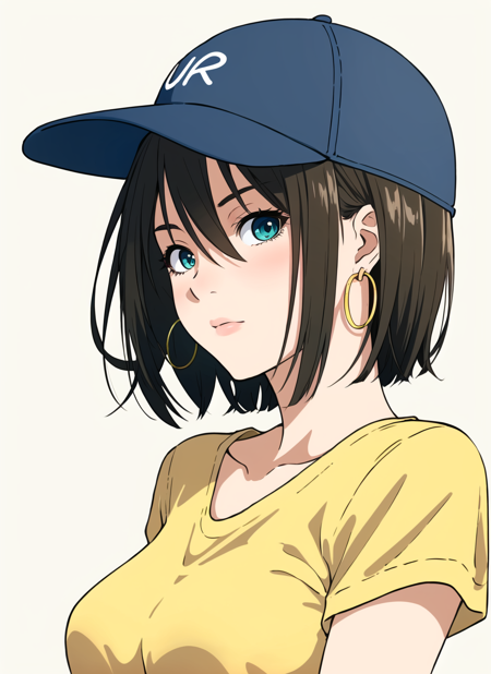 yakiyama line <lora:yakiyama_line_offset:1>, masterpiece, best quality, 1girl, aqua eyes, baseball cap, blonde hair, closed mouth, earrings, green background, hat, hoop earrings, jewelry, looking at viewer, shirt, short hair, simple background, solo, upper body, yellow shirt