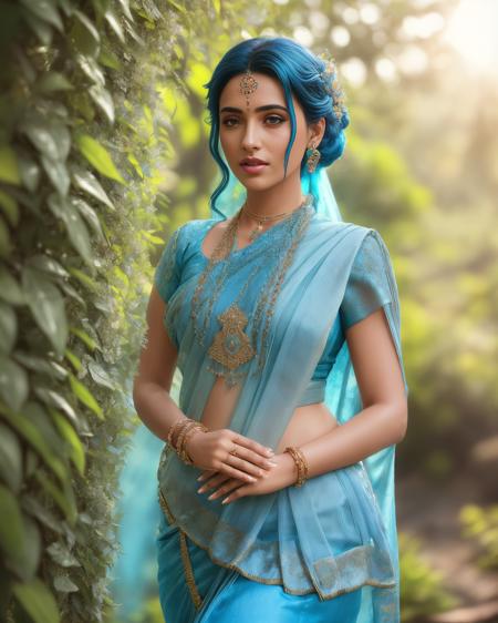 fashion photography portrait of indian girl with blue hair, in lush jungle with flowers, 3d render, cgi, symetrical, octane render, 35mm, bokeh, 9:16, (intricate details:1.12), hdr, (intricate details, hyperdetailed:1.15), (natural skin texture, hyperrealism, soft light, sharp:1.2), detailed, sunlight passing through foliage, <lora:KandyanDress_V1:0.8>, blue saree, 8k details, masterpiece, best quality, award winning photo, photorealistic, highly detailed, raw photo, realistic natural skin textures, rim light, hyperrealistic, low contrast, sharp focus, soothing tones, 8k details, intricate, low key, masterpiece, best quality, award winning photo, photorealistic, highly detailed, raw photo, realistic natural skin textures, rim light, hyperrealistic, low contrast, sharp focus, soothing tones, 8k details, intricate, low key