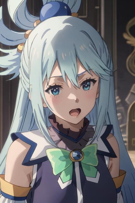 best quality, masterpiece, highres, solo, {aqua_konosuba:1.15}, long_hair, blue_hair, hair_ornament, hair_rings, blue_eyes, open_mouth, bow, green_bow, single_hair_ring, 1girl, anime_coloring, bare_shoulders, hair_between_eyes, bangs