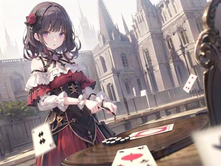 gloariah\(lora\), 1girl, solo, looking at viewer,  card, purple eyes, flower, petals, bangs, playing card, castle, red dress, black hair, short sleeves, rose, puffy sleeves, purple hair, red flower, outdoors,  blurry, building, depth of field, parted lips, off-shoulder dress,