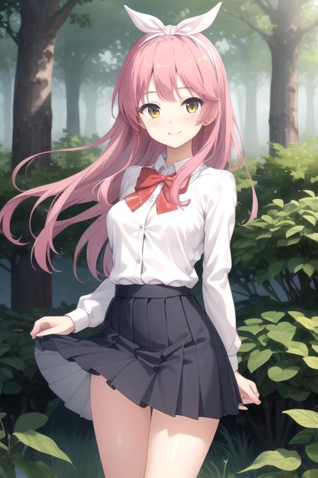 Kurama Koharu very long hair,pink hair,shiny hair,floating hair,white hairband,hair ribbon,sidelocks,bangs,yellow eyes red bowtie,white shirt,long sleeves,large breasts,button,blue skirt,pleated skirt,frilled skirt,white socks,loafers