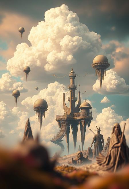 Dreamlike surreal imagery with a blurred bokeh effect, sharply focusing on fantastical elements and bizarre scenes within a surreal landscape that features ethereal clouds, floating structures, and a soft background