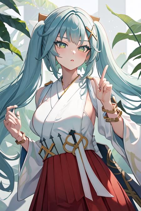 best quality, masterpiece, highres, solo, {white kimono:1.35}, {red hakama:1.35}, {wide sleeves:1.20}, {faruzan_genshin:1.15}, twintails, bangs, long_hair, hair_ornament, aqua_hair, x_hair_ornament, green_eyes, jewelry, breasts, bracelet, small_breasts, symbol-shaped_pupils, upper_body