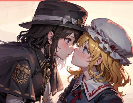 best quality, ultra high res, (photorealistic:1.4), 2girls, yuri, 
AND 2girls, usami renko, <lora:renko:1>, renko, school uniform, smile, standing, from side, kissing, close-up, black victorian hat, black capelet, white shirt, red tie, 
AND 2girls, maribel hearn, <lora:maribel_hearn:0.7>, school uniform, frown, standing, from side, kissing, close-up, white soft hat, short wavy hair, blonde hair, purple dress, white collar,