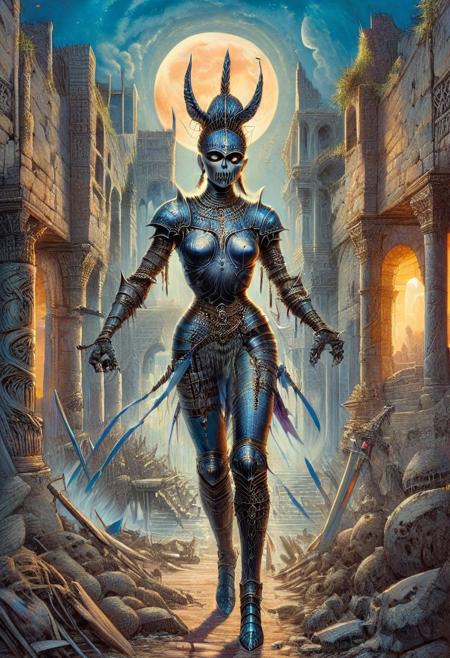 score_10, score_9, score_9_up, score_8_up, score_7_up, masterpiece, best quality, Fantasy, 1980s Fantasy Style, huge sword, female, dark skin, solo, middle-aged, mature woman, breastplate, detailed face, light armor, armor, greatsword, moonlight greatsword, holding sword, claymore, black hair, hair bun, grey eyes, loose strands, stern, dynamic pose, blue clothes, trousers, pants, boots, paladin, fighter, rogue, vivid color, coliseum, colosseum, gladiator arena, gladiator, Tower-of-Doom-Ludmille