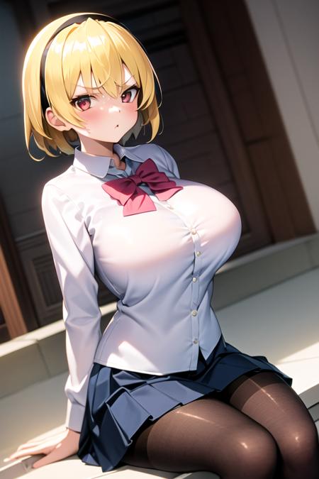 <lora:jksatoko_any3:0.7>,jksatoko,blonde hair,1 girl,solo,best quality, school uniform, blue pleated skirt, white shirt,large breasts,black pantyhose,dynamic pose,Serious, cloudy, ominous, old church,sitting