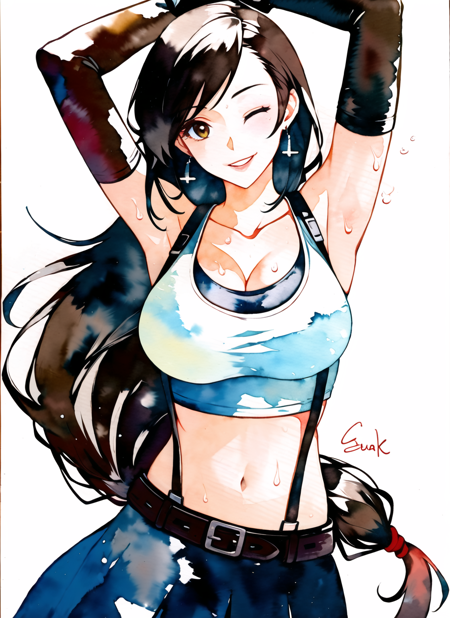 akagi shun, tifa lockhart, 1girl, arm up, armpits, artist name, belt, black hair, breasts, brown eyes, cleavage, closed mouth, collarbone, cowboy shot, crop top, earrings, elbow gloves, elbow pads, gloves, gradient background, jewelry, large breasts, lips, long hair, low-tied long hair, midriff, navel, one eye closed, signature, simple background, skirt, smile, solo, stomach, suspenders, sweat, tank top, upper body,  ((masterpiece)), (watercolor) <lora:akagi_shun_offset:1> <lora:tifa_lockhart:0.4>