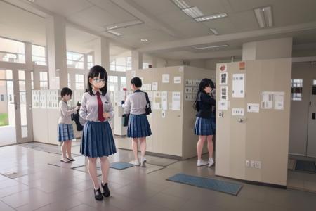 best quality, ultra-detailed, illustration,
getabako, scenery, window, indoors, building, door, tree, day
multiple girls, glasses, black hair, long hair, standing, red necktie, pantyhose, white shirt, shoes, school uniform, blue skirt, collared shirt,
 <lora:getabako2_SD15_V1_DIM4:1>