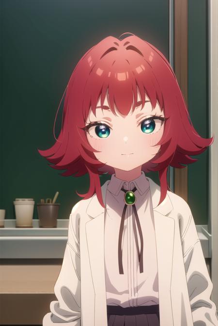 kusuriyakuzen, <lora:kusuri yakuzen s1-lora-nochekaiser:1>,
kusuri yakuzen small, short hair, (green eyes:1.3), white shirt, red hair, pleated skirt, socks, collared shirt, black skirt, neck ribbon, suspenders, antenna hair, black socks, (labcoat:1.2), suspender skirt, female child, smile,
BREAK ,
BREAK indoors, classroom,
BREAK looking at viewer, (cowboy shot:1.5),
BREAK <lyco:GoodHands-beta2:1>, (masterpiece:1.2), best quality, high resolution, unity 8k wallpaper, (illustration:0.8), (beautiful detailed eyes:1.6), extremely detailed face, perfect lighting, extremely detailed CG, (perfect hands, perfect anatomy),