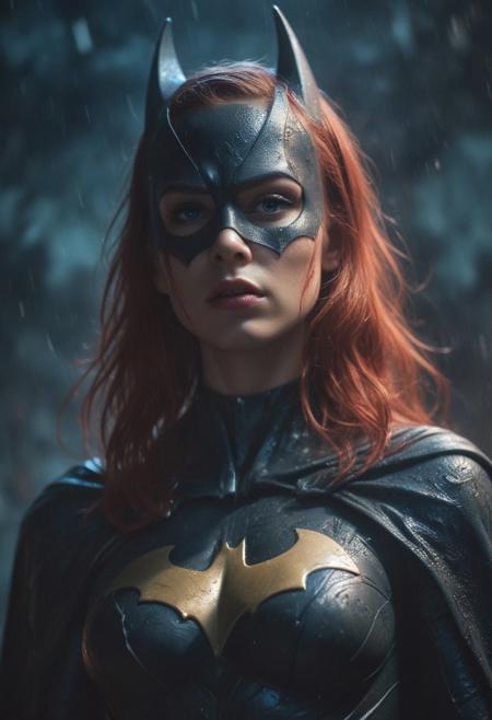 High resolution ultra-realistic of beautiful realistic Batgirl fighting against alien invasion, cinematic style, standing on a bloody and stormy battlefield in a fighting pose, bloody massacre, realistic modern combat costume, black mask, red cape, perfect athletic figure, wavy red hair, gazing straight ahead, handsome dirty bloody face, beautiful perfect detailed pupils, wet oily shiny skin, covered in dirt and blood, beautiful firm Breasts, defiant and seductive, sexy 20 year old girl, 8k resolution concept art portrait by Greg Rutkowski, Dark Gotham City, realistic blue eyes, full body, Artgerm, WLOP, Alphonse Mucha, dynamic lighting, hyperdetailed, intricately detailed, Splash art trending on Artstation triadic colors, Unreal Engine, 5 volumetric lighting, Cinematic Lighting, intricate, smooth, sharp focus digital painting, Asymmetrical Balance, painting, dynamic lighting