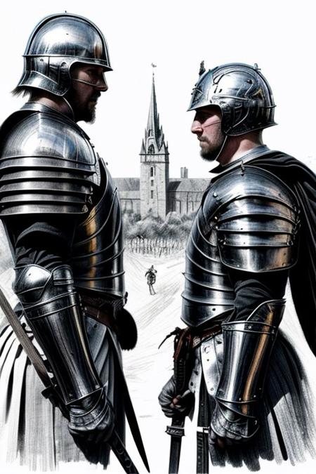 Pencil sketch, intricately detailed, rich shadows, highest resolution, highest quality, 8k UHD, 
the best perfect realistic HD ultra HD 4k image ,battle between knightsmedieval, nearby castle, weapons swords, super realistic picture 4k resolution, ultra HD, realizam, detailed visualizations of knights and landscape, detailed image of their faces and weapons and armor