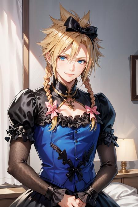 masterpiece, best quality, cloud strife, crossdressing, twin braids, male focus, frilled dress, hair bow, smile, looking at viewer, upper body, hotel room <lora:cloudstrife-nvwls-v1-000010:0.9>