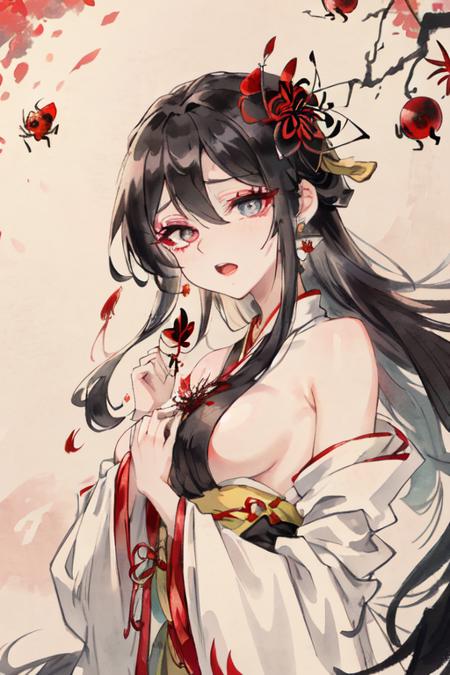 ((highres)), (open mouth),(((bust))),(((masterpiece))),(((best quality))),((ultra-detailed))((extremely detailed CG)),((8k_wallpaper)),dynamic angle,floating, (beautiful detailed eyes),an extremely delicate and beautiful girl,upper body,ink wash painting,(Chinese wind),black eyes,burning,detailed light.from_below,(black hair),(red spider lily:1.33),aqua eyes,(hair flower:1.3),bloom,single,starry sky,hair ornament, earrings, jewelry, very long hair, messy hair, bare shoulders, half closed eyes,bloom,(((Chivalrous))),fairy,(hanfu:1.3),(medium breast:1.2),(eyeshadow,red eyeliner:1.15),(eyes visible through hair:1.2),((solo)),red moon,