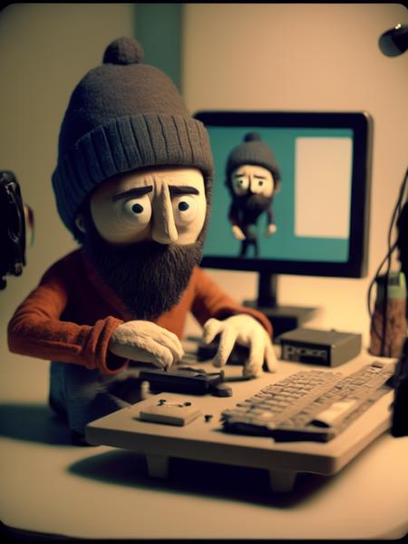 <lora:STOP-MOTIONANIMATION:1>STOP-MOTION ANIMATION style A person sitting at their desk, staring at their computer screen with a look of disappointment, dark brown beard, wearing a beanie hat, wearing a checked shirt, stop motion style character, pixar style character