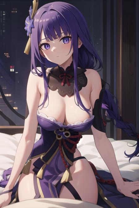 raidenshogun, <lora:raidentest:1>, raiden shogun, braid, braided ponytail, hair flower, hair ornament, long hair, mole, mole under eye, (purple eyes:1.1), purple flower, purple hair, single braid, sidelocks,
BREAK lingerie,
BREAK looking at viewer,
BREAK bed,
BREAK <lora:GoodHands-vanilla:1>, (masterpiece:1.2), best quality, high resolution, unity 8k wallpaper, (illustration:0.8), (beautiful detailed eyes:1.6), extremely detailed face, perfect lighting, extremely detailed CG, (perfect hands, perfect anatomy),