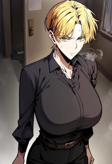 blonde hair, green eyes, short hair, parted bangs earrings, sleeveless shirt, black shirt, turtleneck, blue pants earrings, collared shirt, black shirt, long sleeves, black pants, belt