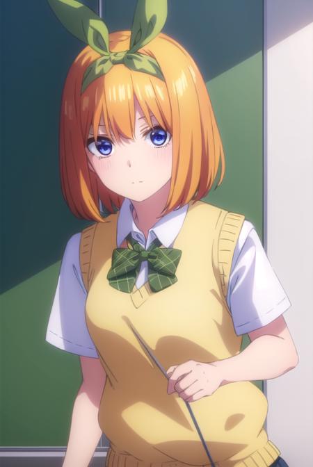 yotsubanakano, <lora:yotsubanakanospecial-lora-nochekaiser:1>, 
yotsuba nakano, bangs, short hair, blue eyes, hair between eyes, hair ribbon, hairband, orange hair, (green ribbon:1.5),
BREAK skirt, shirt, bow, ribbon, school uniform, white shirt, short sleeves, pleated skirt, shoes, socks, collared shirt, miniskirt, bowtie, black footwear, kneehighs, green skirt, black socks, loafers, green bow, sweater vest, green ribbon, (yellow sweater vest:1.5),
BREAK indoors, classroom,
BREAK looking at viewer, (cowboy shot:1.5),
BREAK <lyco:GoodHands-beta2:1>, (masterpiece:1.2), best quality, high resolution, unity 8k wallpaper, (illustration:0.8), (beautiful detailed eyes:1.6), extremely detailed face, perfect lighting, extremely detailed CG, (perfect hands, perfect anatomy),