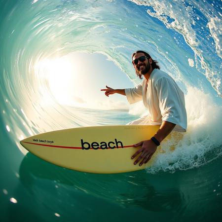 beautiful sea, translucent water, Oahu surfing, inside a pipeline wave, a toxic-colored surfboard with a text "beach boys", Jesus in a white gown with jet-black hair in sunglasses, smiling, pointing ahead, beautiful sun caustics,