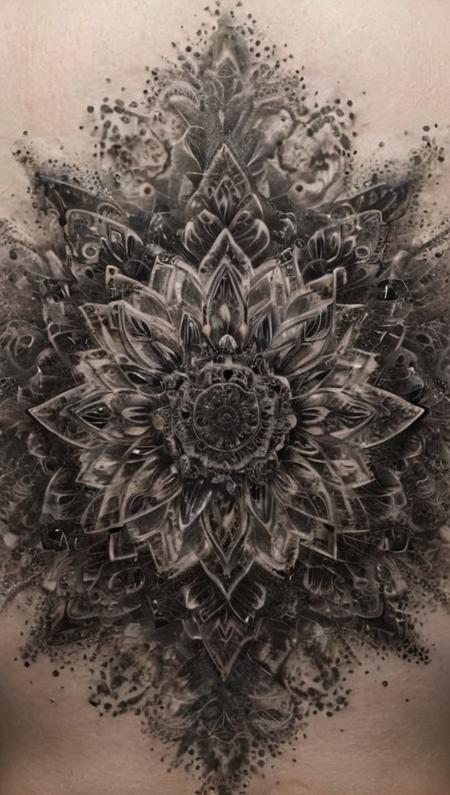 Ornemental  black grey abstract arabesques, mandala, tattoo, ais-darkpartz, back<lora:Dark_Particles_Style_SDXL:1.0>