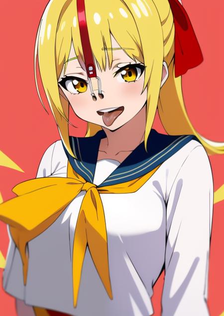 (best quality, Ultradetailed:1), girl, anime,upper body,bloom, smile, <lora:NOSEHOOKanotherv1:0.8>yellow hair,upper teeth,tongue,sailor suit,chest red ribbon,