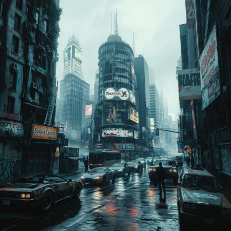 A sprawling cyberpunk city in decay, neon lights flickering over crumbling skyscrapers covered in graffiti and overgrown vines. Rain-soaked streets reflect holographic billboards, while abandoned luxury cars rust beneath glowing advertisements. A mix of Art Deco and futuristic architecture, now crumbling under time’s weight. Smog and digital haze blur the horizon, as shadowy figures in high-tech gear move through the alleys. Cinematic lighting, ultra-detailed textures, 8K, photorealistic, dystopian atmosphere, cyberpunk noir.
