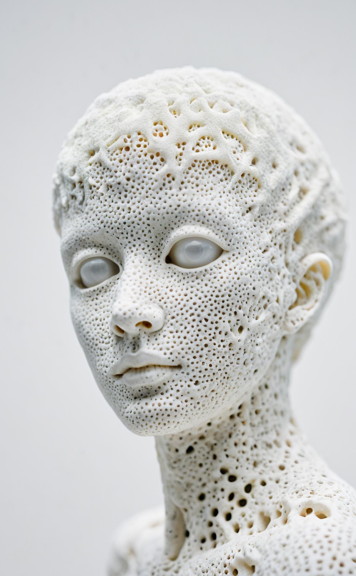 A Detailed White Sculpture of a Head with Large Eyes