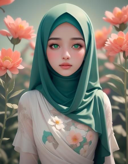 Beautiful white islamic girl with a beautiful face with Hijab and green eyes. flower dress, colorful, darl background,flower armor,green theme,exposure blend, medium shot, bokeh, (hdr:1.4), high contrast, (cinematic, teal and orange:0.85), (muted colors, dim colors, soothing tones:1.3), low saturation,