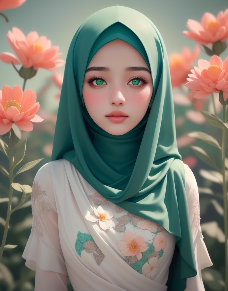 Beautiful white islamic girl with a beautiful face with Hijab and green eyes. flower dress, colorful, darl background,flow...