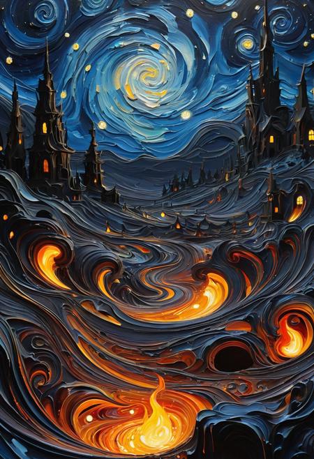 A starry nights made of molten iron, a masterpiece of modeling, magical Ghosts Starry Night abstract expressionism. A highly complex, thick acrylic, masterpiece, intricately detailed. cartoon, 2d, painting, drawing; disfigured; bad art; deformed; poorly drawn; extra limbs; dull colours, blurry, boring, sketch, lacklustre, repetitive, cropped, hands, blender, unreal
