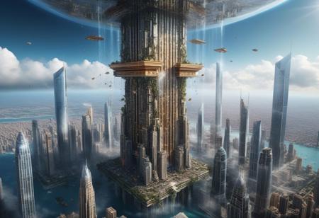 masterpiece, 8k, high quality, ultra detail, ultra realistic, exquisite detail, a large floating city suspended in the air by a large pillar in its center, km high, hundreds of skyscrapers, suspended in space, crashed sky, cinematographic lighting, hdr