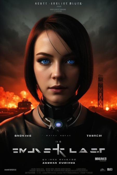 movieposter, Close-up portrait of a beautiful, female android with flawless, synthetic skin and piercing blue eyes. Short, silver hair styled in a sleek bob. Her expression is calm and thoughtful. Industrial background with wires and exposed circuits hinting at her robotic nature. Hyperrealistic style, detailed metallic textures, inspired by Syd Mead.  reality and the uncanny, where clouds merge with dreams and colors paint a film grain, closeup, medium shoot, mesmerizing  scene., cinematic Impressionism, masterpiece layout design, cinematic cloud of red smoke font design, movie poster design , 100 shade of Darkness Horror Movie