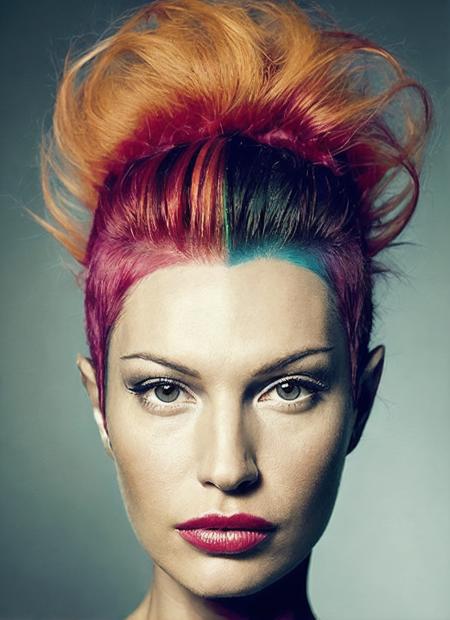 portrait of sks woman by Flora Borsi, style by Flora Borsi, bold, bright colours, rainbow Mohawk haircut, ((Flora Borsi)), <lora:locon_jolene_v1_from_v1_64_32:1.25>