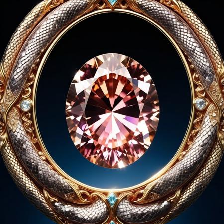 masterpiece, best quality, anime, ultra-HD, luminous lighting, cinematic ambiance, shimmering gradients, deep contrast, rich color tones, realistic, comic , An volumetric digital anime poster by Oh! great, dutch angle, volumetric lighting, crown, vivid eye clean morganite, oval cut, facet pattern, 10.00 carat, sparkling, glimmer, silver, mohs scale, scratch resistance, enhancement method, baroque setting, rare, limited supply, vintage revival, renaissance, celestial symbols made of shining metallic snake. <lora:flux metallic snake v1.0:0.8> . graphic illustration, comic art, graphic novel art, vibrant, highly detailed