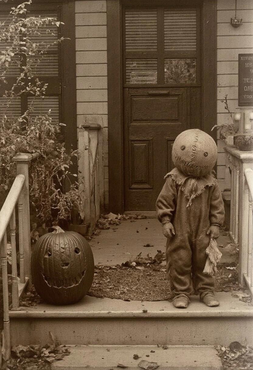 VintageHalloween. A sepia-toned photograph of s@mtrt stands next to a jack o lantern on the front porch of an old Victorian house