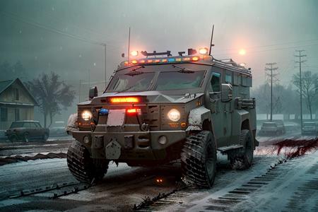 analog gloomy photo of a SWAT lenco bearcat armored car,  <lora:sw4tb34rc4t:1>, ((zombie apocalypse:1.2)), ((surrounded by crows:1.0)), (living dead), ((winter)), ((snow)), (horror movie), ((nighttime)), a decayed dilapidated city, ruins, abandoned buildings, High Detail, Sharp focus, (photorealism), realistic, best quality, 8k, award winning, dramatic lighting, epic, cinematic, masterpiece, rim light, ambient fog:1.2, dutch angle, depth of field,