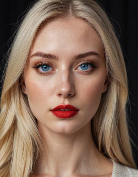  
masterpiece, best-quality, best-details, picture-perfect, 4k,
medium body shot of Scandinavian  18 years old female with blue eyes AND straight (blonde:1.2) hair on the side,  thick eye liner, eye-lashes, red lipstick, real skin texture, perfect lightening, moody warm tones,