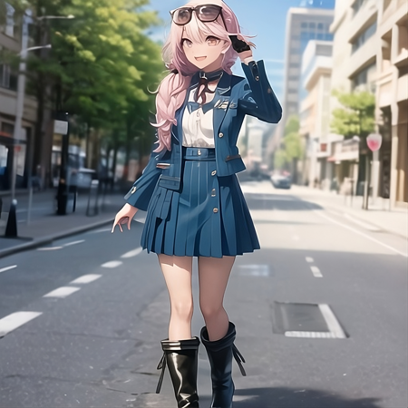 ChloevonEinzbern_avenger a woman with cute face in blue skirt, 1girl, solo, boots, skirt, pink hair, black footwear, smile, blurry, city background, eyewear on head, jacket, :d, high heel boots, long hair, blue skirt, outdoors, sunglasses, blue jacket, looking at viewer, braid, depth of field, open clothes, striped, long sleeves, shirt, hair between eyes, outdoors, a painting of a female character, paw gloves, 1girl, animal hands, chloe von einzbern, gloves, paw shoes, long hair, bell, stomach tattoo, hair bow, dark-skinned female, bow, dark skin, pink hair, jingle bell, animal ears, black skirt, skirt, red bow, fur trim, smile, thighhighs, navel, solo, tail, ponytail, full body, looking at viewer, outdoors, city backgorund, a cartoon woman with long pink hair, 1girl, nail polish, soles, feet, barefoot, smile, one eye closed, pink hair, long hair, toes, solo, bracelet, swimsuit, jewelry, fake animal ears, fishnets, bikini, grin, toenails, toenail polish, twintails, looking at viewer, bow, city background, outdoors,