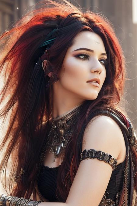 (Award Winning Photo:1.3) of (Ultra detailed:1.3),(Happy:1.3) a woman with red and gold dress, long wave dark red hair, jewerly in hairs, goth make up, glamour shot, epic, intricate details, look in camera, hyperdetailed, real skin, rtx, dramatic light <lora:Kendall_Jenner_Delib:0.9>,(by Artist WLOP:1.3),Highly Detailed,(Abstract Expressionism:1.3),(Cybergoth Art:1.3),(Cyberpunk Art:1.3),(Electric Colors:1.3),(close portrait:1.3),thematic background