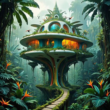 Abstract art. Fantasy style. Fantasy dreamlike art.
A futuristic building floating in the jungle, tenuously linked to land by a narrow path.
triadic colours, birds of paradise in the distance, botanical dream
<lora:Impossible01_CE_XL_200-OT:0.4> impsbleCE_style