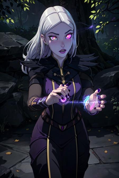 (Claudia), black dress, long hair, black fingernails, (casting purple magic), purple magic surrounding her, magic, casting a spell, (purple glowing eyes, hair half white:1.5), (realistic:1.2), (masterpiece:1.2), (full-body-shot:1),(Cowboy-shot:1.2), dark romantic lighting, (highly detailed:1.2), (detailed face:1.2), (gradients), colorful, detailed eyes, (natural lighting:1.2), solo, <lora:add_detail:0.3> <lora:DragonPrinceClaudia-10:0.8> <lora:BeautifulEyes:0.3>