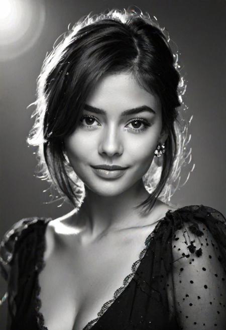 [Create a highly realistic photo of a young, slight smile, camera focused around 21 years old [Bengali:Caucasian:1:!] girl model in black dress. The image should be detailed and lifelike, making it challenging to discern whether it's a real photograph or a digital creation. Focus on achieving realism in her facial features, skin texture, and hair, and ensure the lighting contributes to the overall authentic appearance. Hair is long and silky, floating in air. Partially visible earrings. Dimple.] detailed, romantic, very inspirational, beautiful, elegant, lovely, cute, pretty, modern, epic composition, fabulous atmosphere, cinematic light, dynamic dramatic ambient, (sharp)