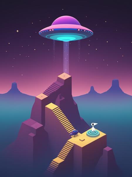 video game monument valley style, A UFO is parked on the roof, Aliens, stairs, hill, smoke, water, cloud,  gradient background, Night, starry sky,    <lora:Monument Valley style:0.8>