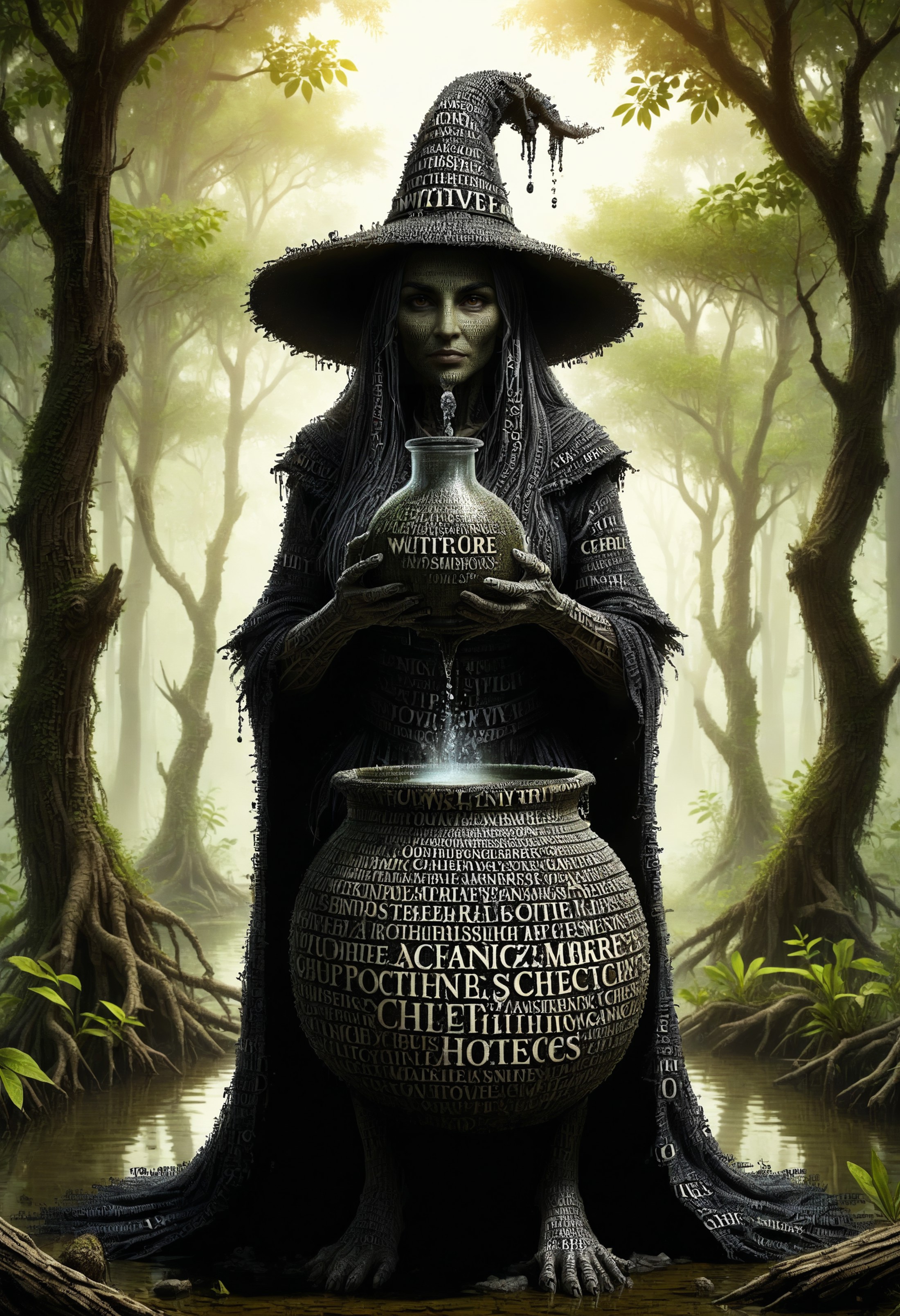 an old witch made of dvr-txt making a potion, quagmire    in mangrove forest biome  <lora:dvr-txt:1>