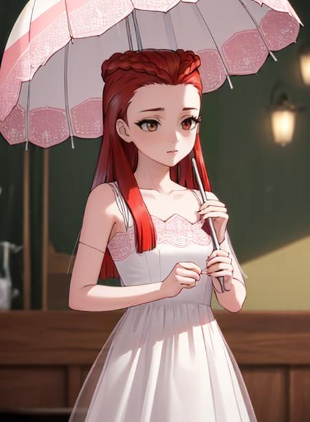 best quality, (masterpiece),(ultra-detailed), (high quality), (high resolution), <lora:dahlia:0.7> dahlia hawthorne, long hair, red hair, dress, umbrella