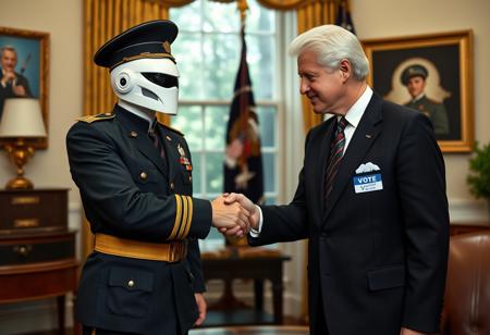 classic cobra commander in an immaculate military dress uniform posing for photo shaking hands with president clinton of the united states in sharp suit inside the oval office, real photograph, infusion of gi joe and ww2 german style, photorealistic, correct hands, correct fingers, presidential seal, vote button, campaign photo, election, elegant scene