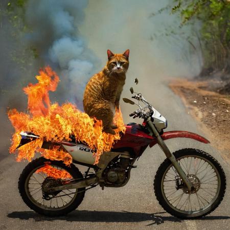 forest fire <lora:DD-above-v1:1> cat on bike
