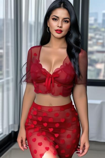  red heart see-through dress, red Blouse, red Pencil Skirt, midriff