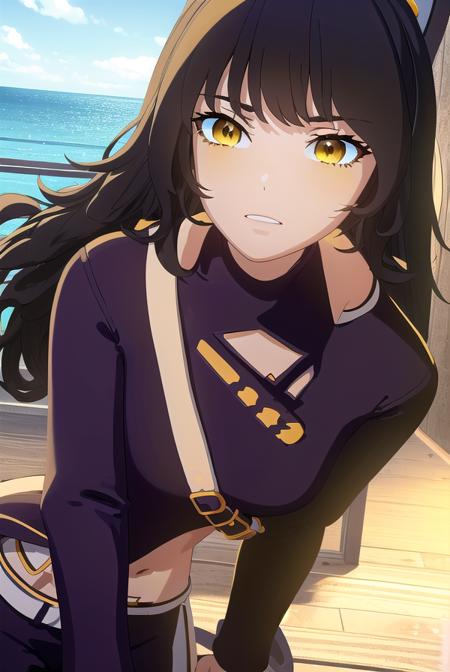 blake, blake belladonna, long hair, black hair, (yellow eyes:1.5), bow, hair bow, black bow, long hair, bangs, blake, blake belladonna, long hair, black hair, (yellow eyes:1.5), long hair, bangs, animal ears, cat ears, navel, midriff, belt, jacket, white jacket, long sleeves, open clothes, halterneck, criss-cross halter, pants, black pants, navel, midriff, belt, halterneck, criss-cross halter, bare shoulders, bare arms, pants, black pants,