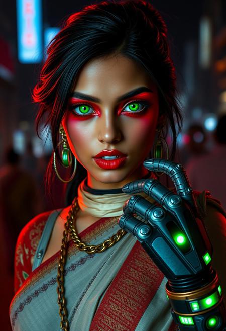 cyberpunk girl in New Delhi, clothing a combination of traditional Indian clothing and new cyber punk items, dramatic heavy luminescent red eyeshadow:1.5, big highly detailed green 
eyes, full pouty lips, lips parted seductively, cybernetic arms, 
highly detailed luminescent green cybernetic eyes